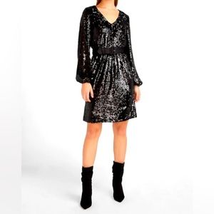 Back Stage Sequin Dress Long Sleeves Chic Cinch Waist Black NEW With Tags NWT